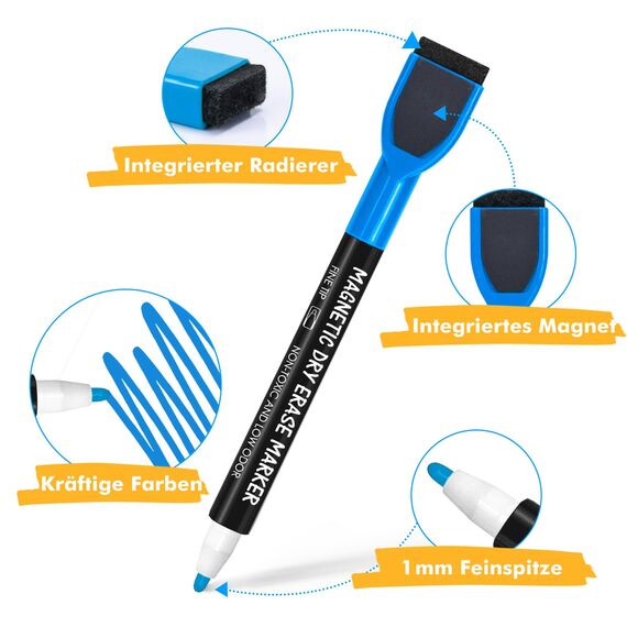 maxtek Magnetische Whiteboard Marker, 8 Farben Stifte abwischbar mit Radiergummi, Feinspitze 1–2 mm Linienbreite, Folienstifte für Zuhause, Schule & Büro (16 Stück)
