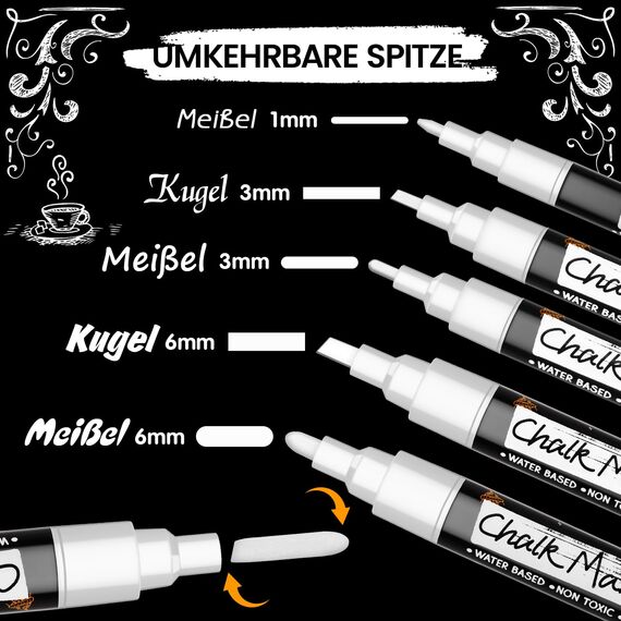 Maqhpu Weiß Kreidestifte für Tafel Abwaschbar, 6 Stück Kreidestifte und 45pcs Kreidetafel Labels, Fensterstifte Whiteboard Marker Kreidemarker Tafelstifte für Glas & Gewürzgläser (1mm, 3mm, 6mm)
