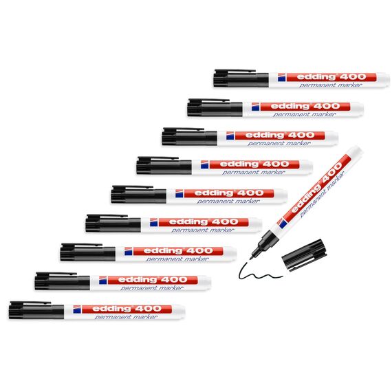 edding 400 Permanentmarker - feine Rundspitze 1 mm - wasserfest, schnell-trocknend - wischfest - für Karton, Kunststoff, Holz, Metall, Glas - 10 Stifte