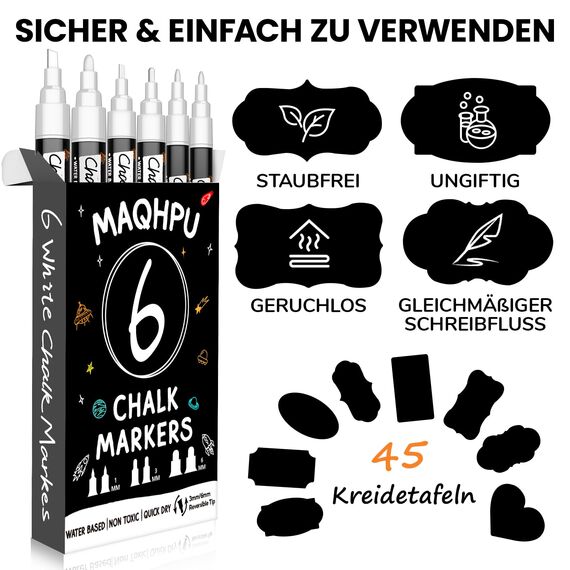Maqhpu Weiß Kreidestifte für Tafel Abwaschbar, 6 Stück Kreidestifte und 45pcs Kreidetafel Labels, Fensterstifte Whiteboard Marker Kreidemarker Tafelstifte für Glas & Gewürzgläser (1mm, 3mm, 6mm)