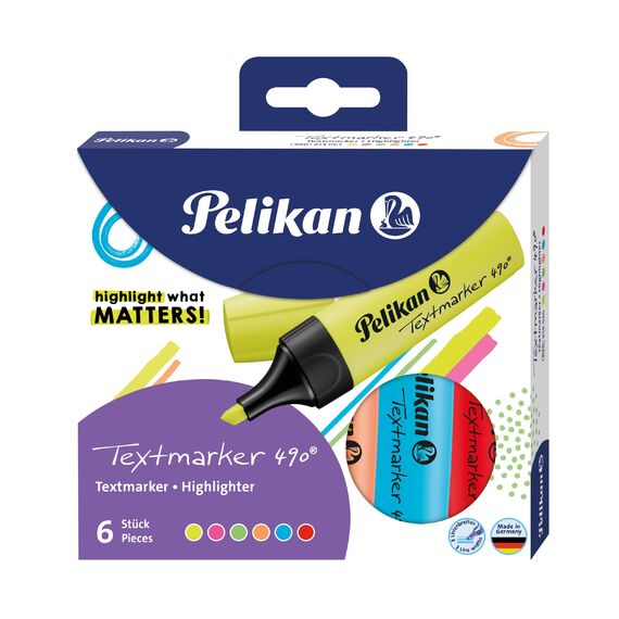 Pelikan Textmarker 490, 6 Neon-Farben, 6 Stück, mit Keilspitze