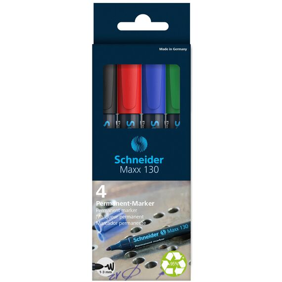 Schneider Maxx 130 Permanent-Marker mit Rundspitze (Strichstärke: 1-3 mm, nachfüllbar) 4er Packung sortiert