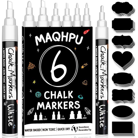 Maqhpu Weiß Kreidestifte für Tafel Abwaschbar, 6 Stück Kreidestifte und 45pcs Kreidetafel Labels, Fensterstifte Whiteboard Marker Kreidemarker Tafelstifte für Glas & Gewürzgläser (1mm, 3mm, 6mm)