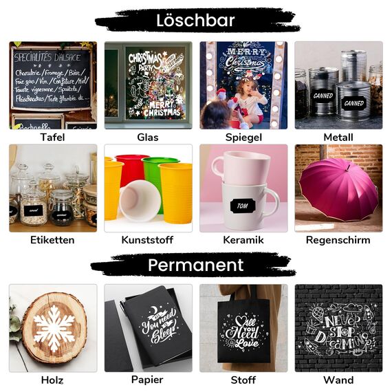 Maqhpu Weiß Kreidestifte für Tafel Abwaschbar, 6 Stück Kreidestifte und 45pcs Kreidetafel Labels, Fensterstifte Whiteboard Marker Kreidemarker Tafelstifte für Glas & Gewürzgläser (1mm, 3mm, 6mm)