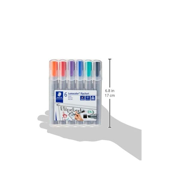 STAEDTLER Flipchart Marker Lumocolor, Keilspitze ca. 2,0 - 5,0 mm Linienbreite, lange Lebensdauer, nachfüllbar, geruchsarm, hohe Qualität Made in Germany, Set mit 6 Farben, 356 B WP6, 1 Stück