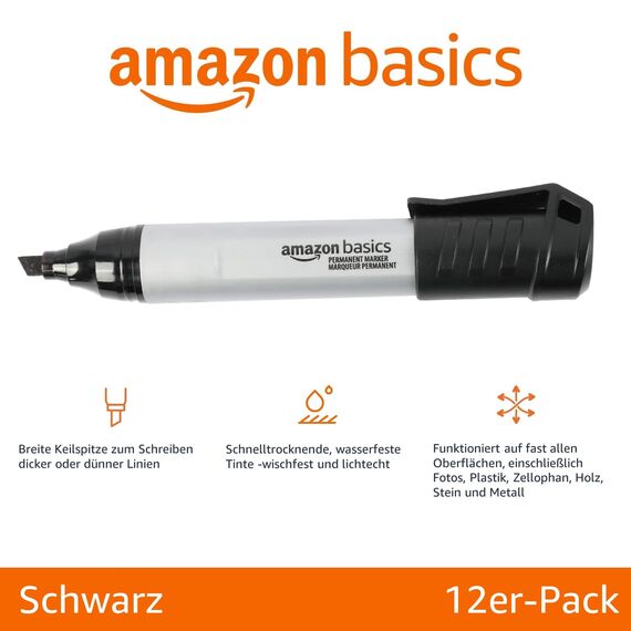 Amazon Basics Permanentmarker, große Keilspitze, schwarz, 12 Stück