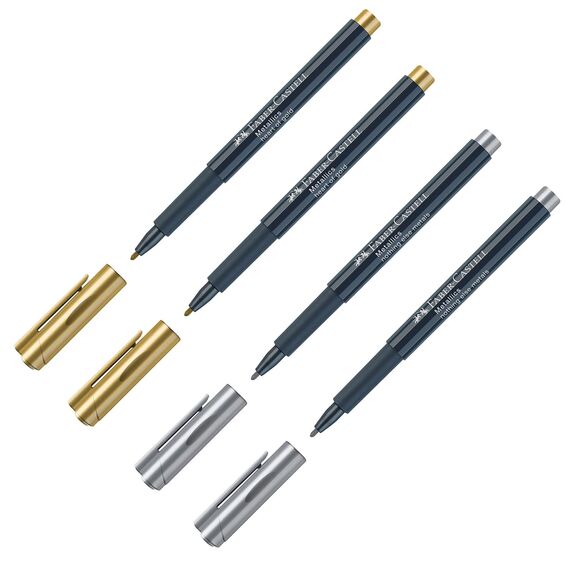 Faber-Castell 205073 - Metallics Marker mit Faserspitze, 4 Stück, für viele Oberflächen geeignet, Metalliceffekt in gold und silber