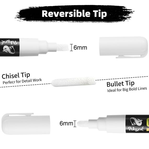 WISYOK Kreidestift Weiß, 4 Kreidemarker Weiss, Weißwandstifte, Flipchart Stifte, Folienstift Wasserlöslich, Kreidestifte für Tafel Abwaschbar, Whiteboard Marker, Weiße, 6 mm Wendespitze