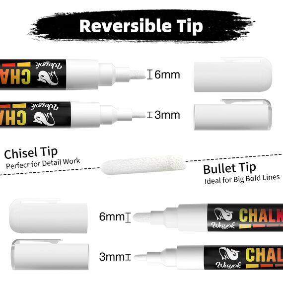 WISYOK 6pcs Kreidestift mit 45 Etiketten, Kreidemarker Weiss, Whiteboard Marker Weiß, Weißwandstifte, Flipchart Stifte, Kreidestifte für Tafel Abwaschbar - 3mm & 6 mm Wendespitze