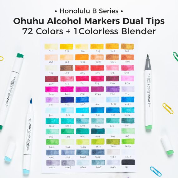 Ohuhu Alkoholmarker mit Pinselspitze – 72 Farben Doppelspitziges Set Für Künstler: Alkoholbasierte Zeichenmarker zum Illustrieren & Kolorieren – Honolulu B – Pinsel & Feinspitze – Nachfüllbar