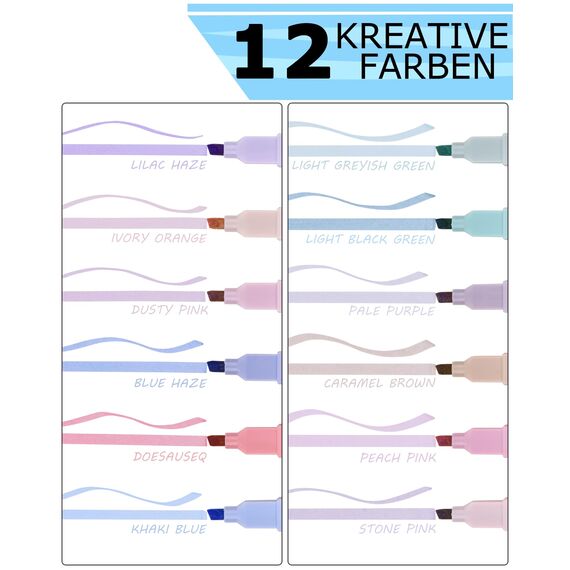 Willingood [12er-Pack] Ästhetische Textmarker mit weicher Keilspitze, No Bleed Bible Highlighter Pastell, Trocknet Schnell Highlighter Stifte