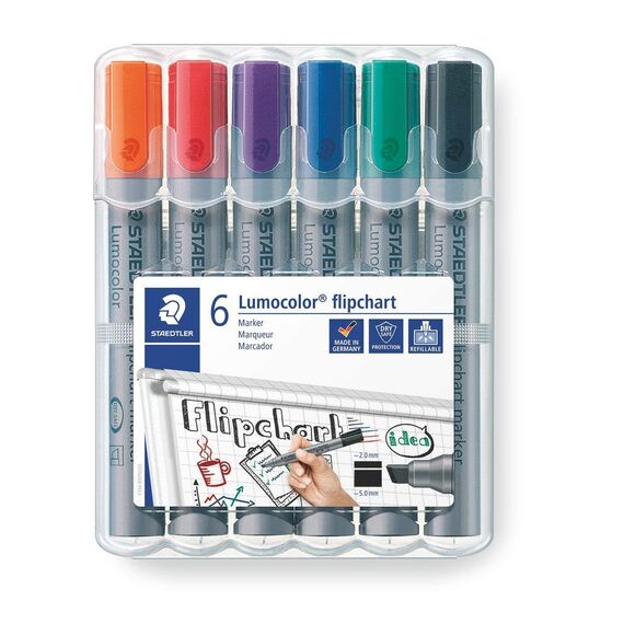STAEDTLER Lumocolor 356 B WP6 Flipchart-Marker, Keilspitze ca. 2 oder 5 mm Linienbreite, Set mit 6 Farben, (6er Etui (2x))