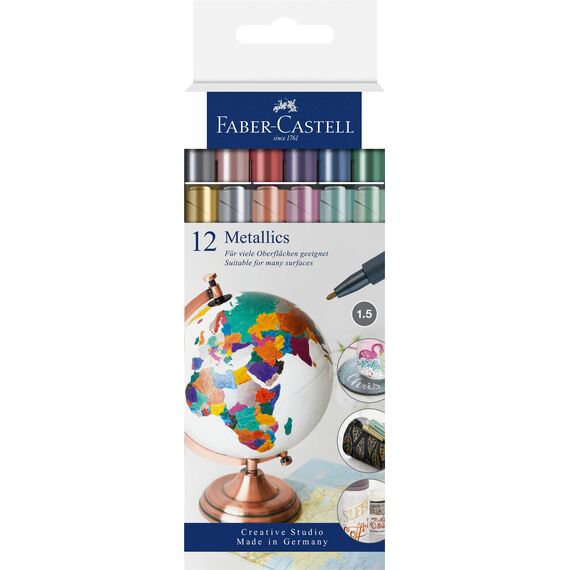 Faber-Castell 160713 - Metallics Marker mit Faserspitze, 1,5 mm Strichstärke, für viele Oberflächen geeignet, Metralliceffekt, 12er Set