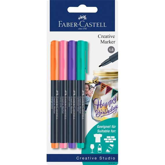 Faber-Castell 160704 - Creative Marker Set, 4 Permanent Marker, Stifte Set für Papier, Glas, Kunststoff uvm.