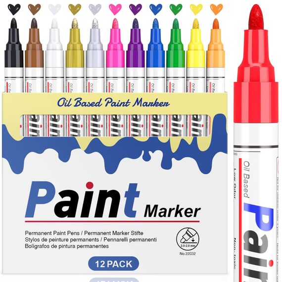 Permanent Marker Wasserfeste Stifte set: 12 Farben zum Steine Bemalen Permanent Marker Bunt Glasstift Lackstifte für Karton, Kunststoff, Holz, Metall,Keramik Tasse,Reifen
