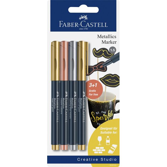 Faber-Castell 160791 - Metallics Marker Set, 4 Marker, 1,5 mm Strichstärke, für viele Oberflächen geeignet, mit Metalliceffekt
