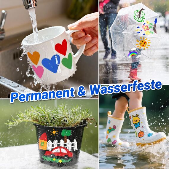 Permanent Marker Wasserfeste Stifte set: 12 Farben zum Steine Bemalen Permanent Marker Bunt Glasstift Lackstifte für Karton, Kunststoff, Holz, Metall,Keramik Tasse,Reifen