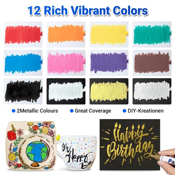 Permanent Marker Wasserfeste Stifte set: 12 Farben zum Steine Bemalen Permanent Marker Bunt Glasstift Lackstifte für Karton, Kunststoff, Holz, Metall,Keramik Tasse,Reifen