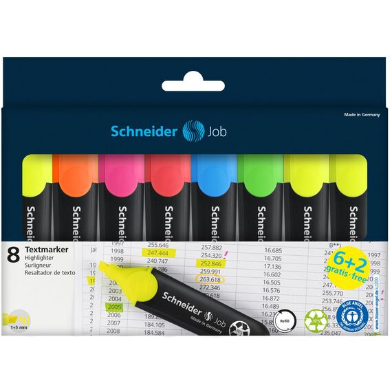 Schneider Job 150 Textmarker (aus recyceltem Kunststoff, ausgezeichnet mit Der blaue Engel) 8er Etui sortiert