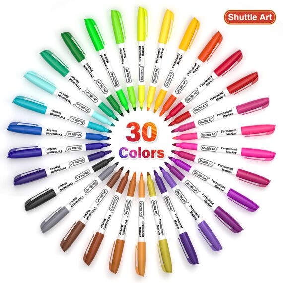 Shuttle Art Permanent Marker fein, 30 Permanent Marker bunt mit feiner Spitze, wasserfeste Stifte, Folienstift permanent, Filzstifte, für Kunststoff, Stein und Glas zum Bemalen und Färben geeignet.