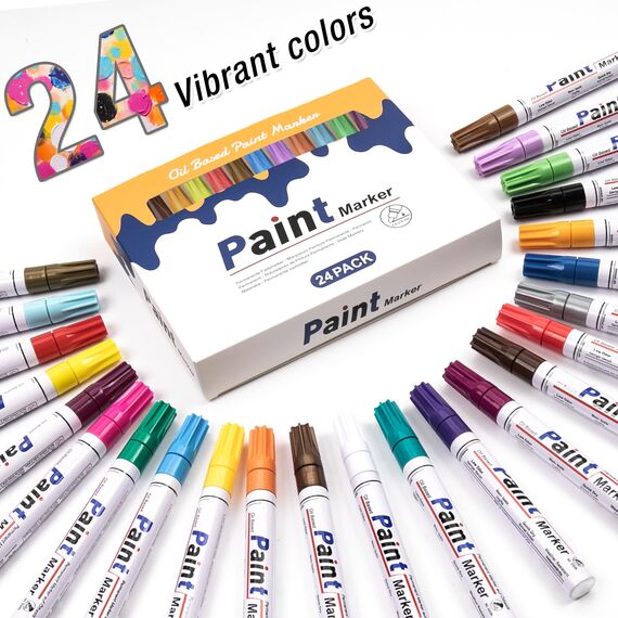 Permanent Marker Bunt Glasmalstifte Wasserfest Set, 24 Farben zum Steine Bemalen Glasstift Lackstifte für Verschiedenen Oberflächen Karton, Kunststoff, Holz, Metall,Keramik Tassen