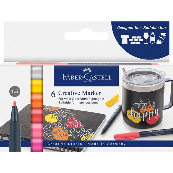 Faber-Castell 160705 - Creative Marker Set, 6 Permanent Marker, Stifte Set Summer breeze, für Papier, Glas, Kunststoff uvm.