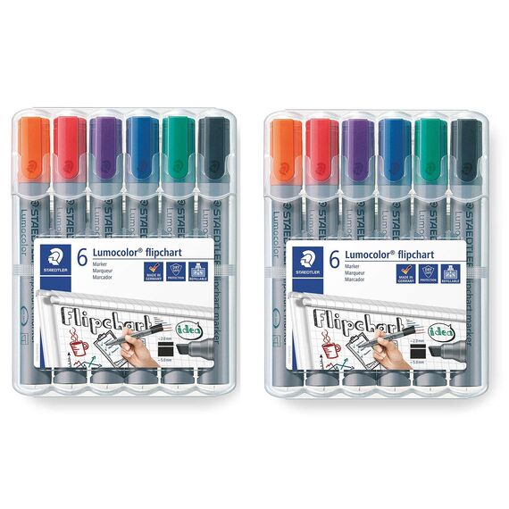 STAEDTLER Lumocolor 356 B WP6 Flipchart-Marker, Keilspitze ca. 2 oder 5 mm Linienbreite, Set mit 6 Farben, (6er Etui (2x))
