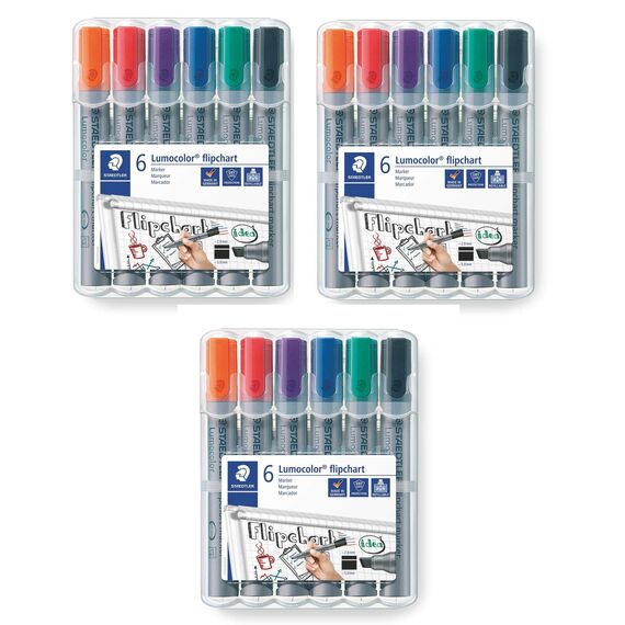 Staedtler Lumocolor 356 B WP6 Flipchart-Marker, Keilspitze ca. 2 oder 5 mm Linienbreite, Set mit 6 Farben, (6er Etui (3x))