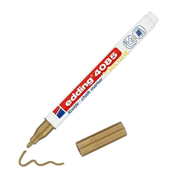 edding 4085 Kreidemarker - gold - 1 Kreidestift - Rundspitze 1-2 mm - dünner Kreidestift für Tafel abwischbar - zum Beschriften von Fenster, Glas, Spiegel - Tafelstift mit deckenden Farben