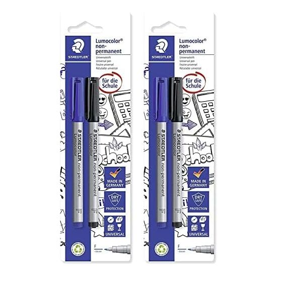STAEDTLER Folienstift Lumocolor non-permanent, wasserlöslich, F-Spitze mit Linienbreite ca. 0.6 mm, hohe Qualität, blau + schwarz, 2 Marker auf Blisterkarte, 316 ASBK2D (Packung mit 2)
