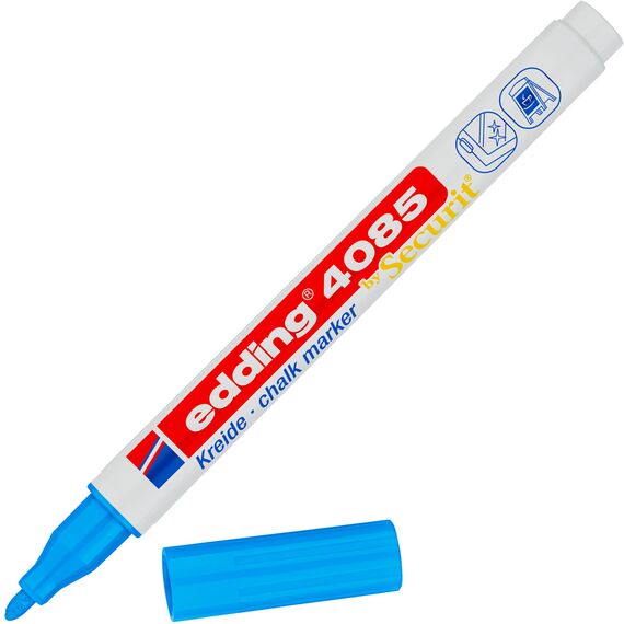 edding 4085 Kreidemarker - hellblau - 1 Kreidestift - Rundspitze 1-2 mm - dünner Kreidestift für Tafel abwischbar - zum Beschriften von Fenster, Glas, Spiegel - Tafelstift mit deckenden Farben