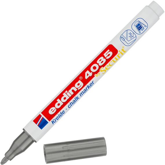 edding 4085 Kreidemarker - silber - 1 Kreidestift - Rundspitze 1-2 mm - dünner Kreidestift für Tafel abwischbar - zum Beschriften von Fenster, Glas, Spiegel - Tafelstift mit deckenden Farben