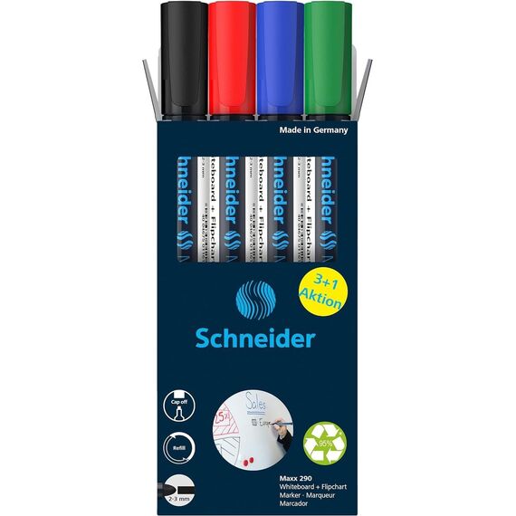 Schneider Maxx 290 Marker (für Whiteboards und Flipcharts, Rundspitze 2-3 mm Strichstärke, rückstandsfrei trocken abwischbar, hohe Qualität, kräftig und farbintensiv) Etui mit 4 Farben