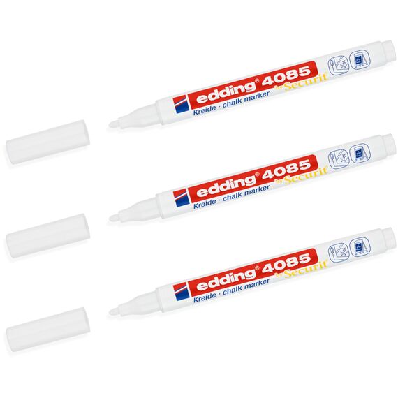 edding 4085 Kreidemarker - Rundspitze 1-2 mm - dünner Kreidestift für Tafel abwischbar - zum Beschriften von Fenster, Glas, Spiegel - Tafelstift mit deckenden Farben (3 Stifte - Weiß)