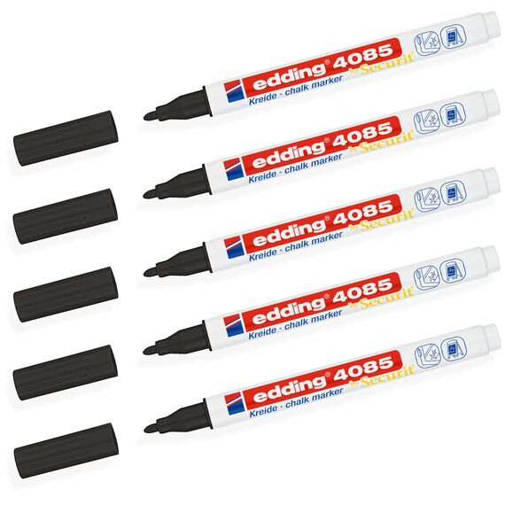 edding 4085 Kreidemarker - Rundspitze 1-2 mm - dünner Kreidestift für Tafel abwischbar - zum Beschriften von Fenster, Glas, Spiegel - Tafelstift mit deckenden Farben (5 Stifte - Schwarz)