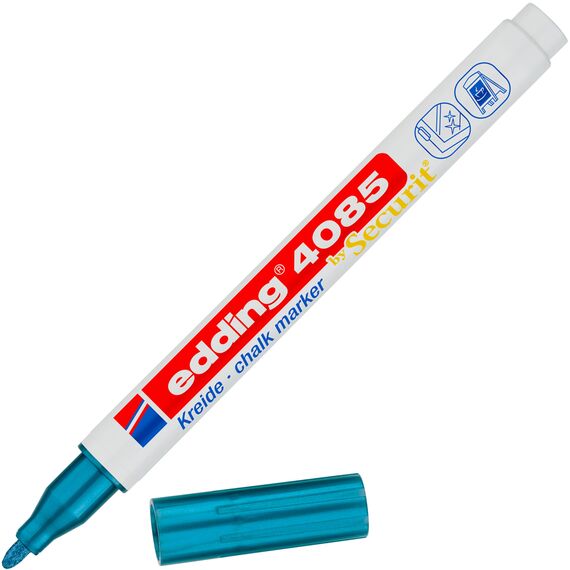 edding 4085 Kreidemarker - blau-metallic - 1 Kreidestift - Rundspitze 1-2 mm - dünner Kreidestift für Tafel abwischbar - zum Beschriften von Fenster, Glas, Spiegel - Tafelstift mit deckenden Farben