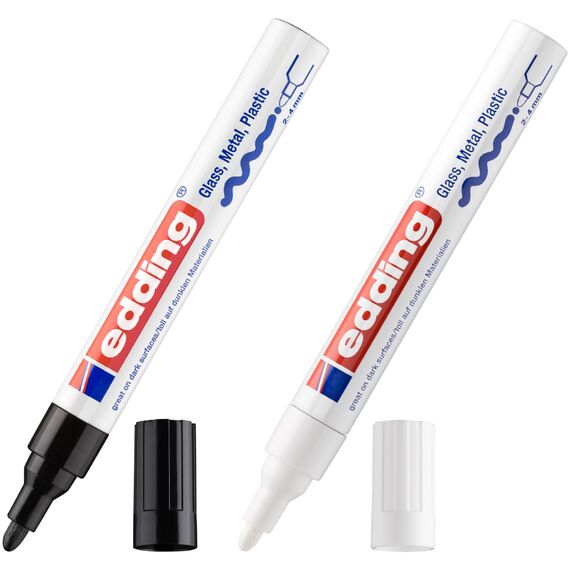 edding 750 Glanzlackmarker - gold - 1 Lackmarker - Rundspitze 2-4 mm - Lackstift für Glas, Stein, Holz, Kunststoff und Papier - wasserfest, stark deckend (Weis Schwarz, 2 Stifte)