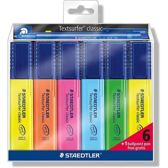 Staedtler 364-S1WP6P Textmarker Textsurfer classic, Highlighter mit großem Tintenspeicher, Set mit 6 Leuchtfarben, Bonuspack mit 1 Kugelschreiber Gratis