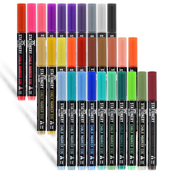 STATIONERY ISLAND Kreidestifte für Tafel Abwaschbar, Kreidestift für Fenster, 30 Farben Kreidemarker für Glas & Tafeln, Bunt Fensterstifte, Zeichnung, Künstler