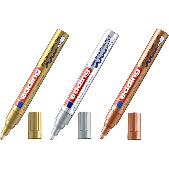 edding 750 Glanzlackmarker - Rundspitze 2-4 mm - Lackstift für Glas, Stein, Holz, Kunststoff und Papier - wasserfest, stark deckend (Gold Silber Kupfer, 3 Stifte)