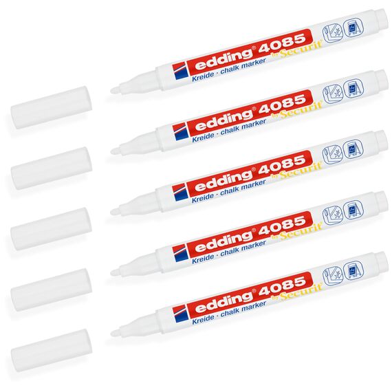 edding 4085 Kreidemarker - Rundspitze 1-2 mm - dünner Kreidestift für Tafel abwischbar - zum Beschriften von Fenster, Glas, Spiegel - Tafelstift mit deckenden Farben (5 Stifte - Weiß)