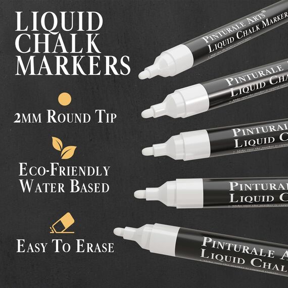 Pinturale Arts Set 5 Kreidestift Weiß | 2mm Spitze | Kreidemarker Weiss | Kreidestifte Für Tafel Abwaschbar, Kreidestifte Für Fenster, Glas, Metall, Keramik | Chalk Marker Weiß