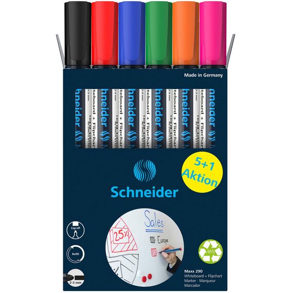 Schneider Maxx 290 Marker (für Whiteboards und Flipcharts, Rundspitze 2-3 mm Strichstärke, rückstandsfrei trocken abwischbar, hohe Qualität, kräftig und farbintensiv) Box mit 6 Farben