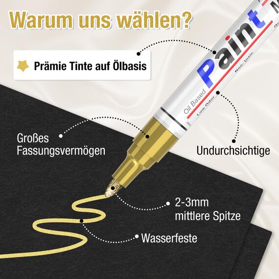 Permanent Marker Wasserfester Stift, 8 Gold Stark Deckend Paint Marker Schnell Trocknender Wasserfeste Permanentmarker zum Steine Bemalen für Karton, Glas Holz, Metall, Kunststoff, Papier, Lackstift