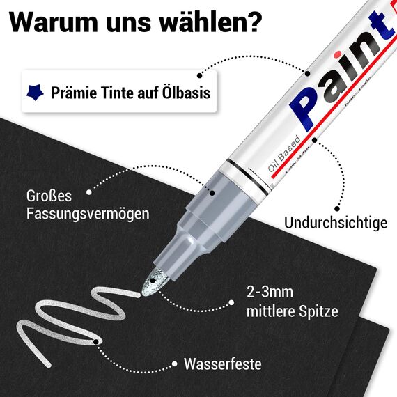 STANBLUE Permanent Marker Wasserfester Stift, 8 Silber Stark Deckend Paint Marker Schnell Trocknender Permanentmarker zum Steine Bemalen für Karton, Glas Holz, Metall, Kunststoff, Papier, Lackstift