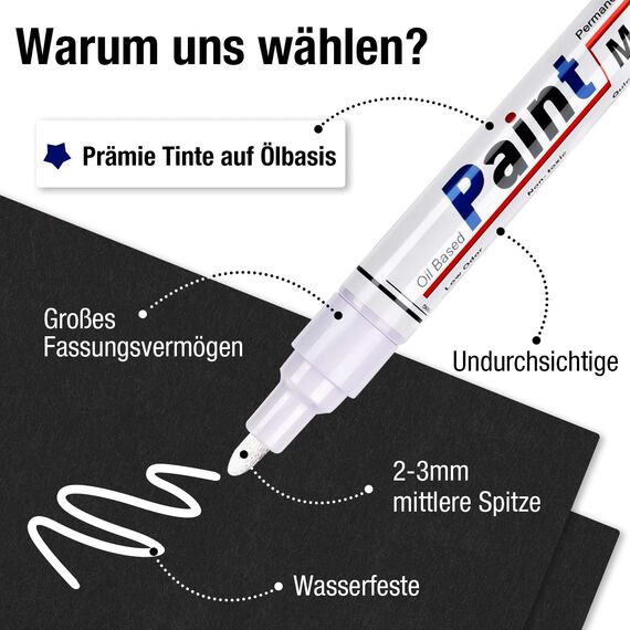 Permanent Marker Wasserfester Stift, 8 Weiß Wasserfeste Paint Marker Schnell Trocknender Wasserfeste Permanentmarker zum Steine Bemalen für Karton, Glass Holz, Metall, Keramik Tassen,Lackmarker