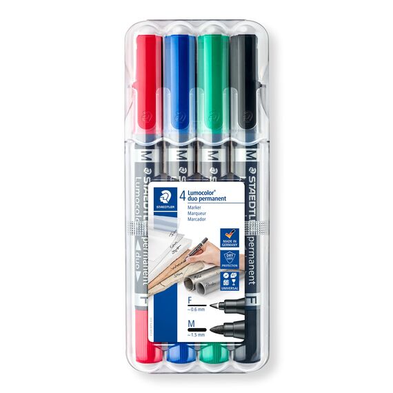 Staedtler Lumocolor duo 348 WP4 permanent marker, 4 Stück in aufstellbarer Staedtler-Box , Schwarz, Blau, Grün, Rot, 1 Packung