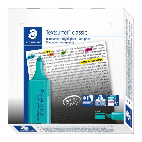Staedtler 364-35 Textsurfer classic Textmarker, Keilspitze, circa 1 - 5 mm, 10 Stück im Kartonetui, türkis