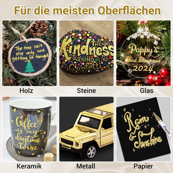Permanent Marker Wasserfester Stift, 8 Gold Stark Deckend Paint Marker Schnell Trocknender Wasserfeste Permanentmarker zum Steine Bemalen für Karton, Glas Holz, Metall, Kunststoff, Papier, Lackstift