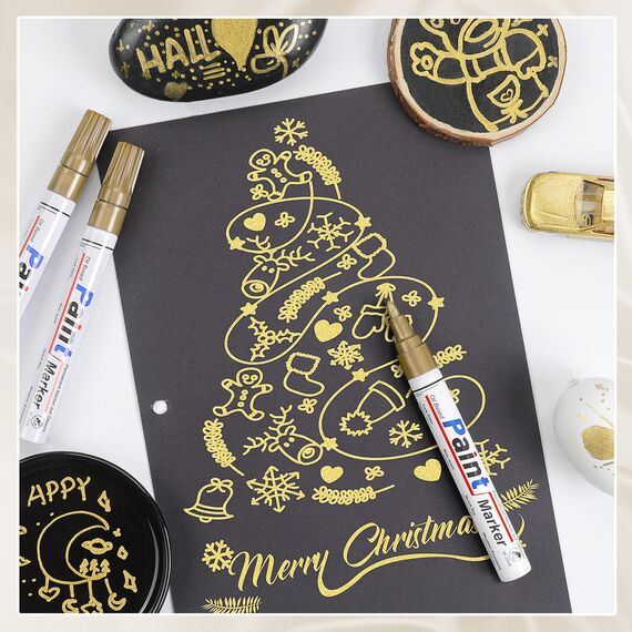 Permanent Marker Wasserfester Stift, 8 Gold Stark Deckend Paint Marker Schnell Trocknender Wasserfeste Permanentmarker zum Steine Bemalen für Karton, Glas Holz, Metall, Kunststoff, Papier, Lackstift